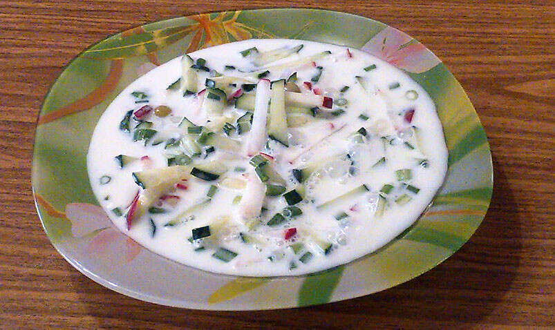 окрошка овощная с редиской и огурцами на кефире. п/о, видео.